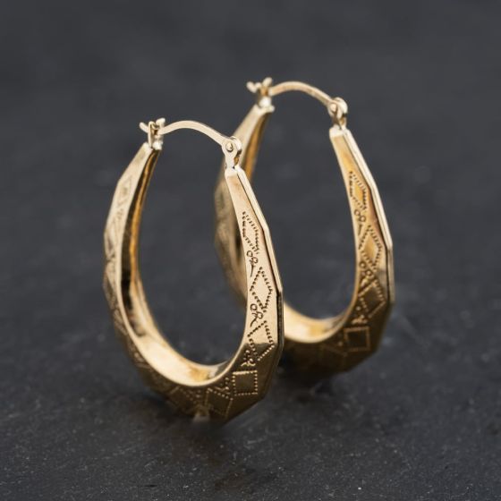 Second Hand Yellow Gold 28mm Oval Patterned Creole Earrings 41173639