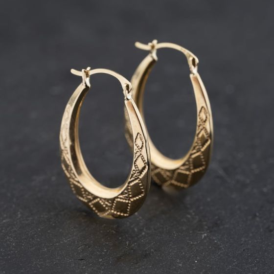 Second Hand Yellow Gold 26mm Oval Patterned Creole Earrings 41173642