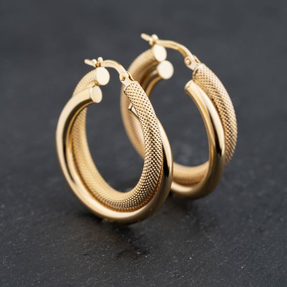 Second Hand 9ct Yellow Gold 30mm Double Crossover Plain & Textured Hoop Earrings 41173643