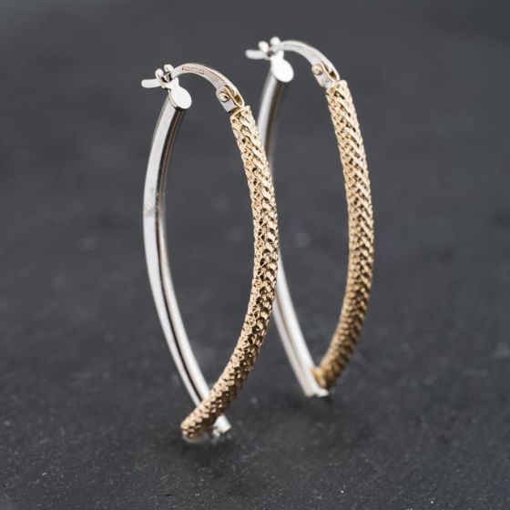 Second Hand 9ct Two Colour Gold 41.4mm Large Oval Crossover Plain & Textured Hoop Earrings 41173646