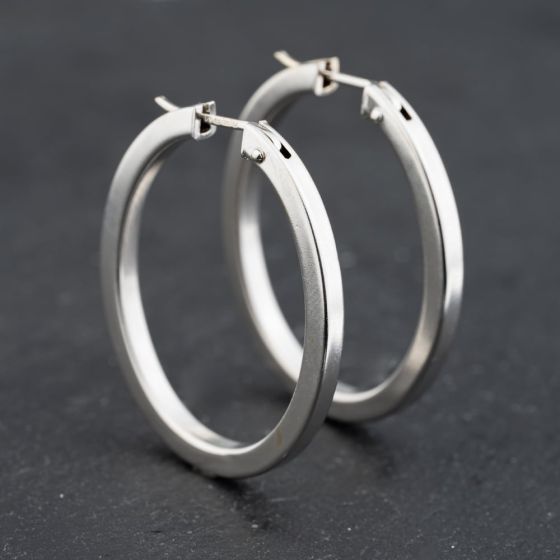 Second Hand 9ct White Gold 35mm Large Plain Hoop Earrings 41173647