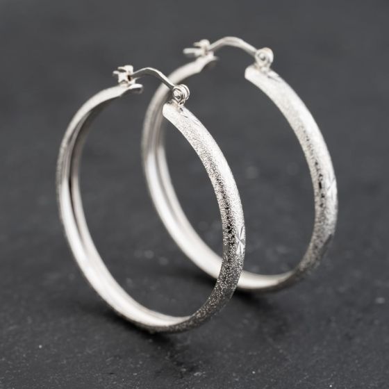 Second Hand 9ct White Gold 34mm Frosted Hoop Earrings 41173648