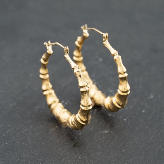 Second Hand 9ct Yellow Gold 34.5mm Bamboo Hoop Earrings 41173655