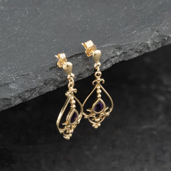 Second Hand Yellow Gold 32.5mm Amethyst Fancy Dropper Earrings 41173663