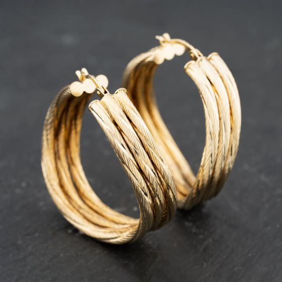 Second Hand 9ct Yellow Gold 37.9mm Triple Wave Hoop Earrings 41173683
