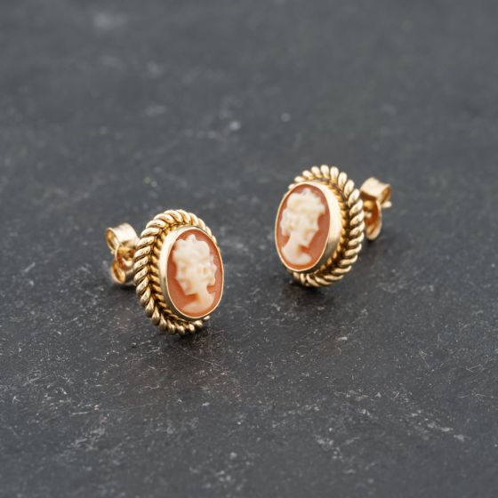 Second Hand 9ct Yellow Gold 12.4mm Cameo Oval Stud Earrings 41173702