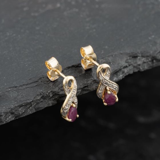 Second Hand 9ct Yellow Gold Ruby & Diamond Infinity 13.6mm Dropper Earrings 41173705