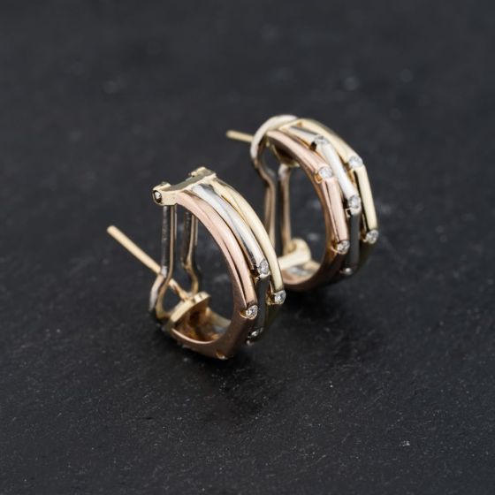 Second Hand 14ct Three Colour Gold Diamond Three Row Hoop Earrings 41173707