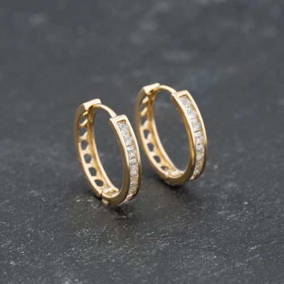 Second Hand 9ct Yellow Gold 14mm Cubic Zirconia Set Hoop Earrings 41173719