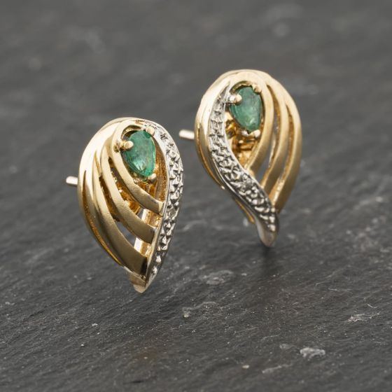 Second Hand 9ct Two Colour Gold Emerald & Diamond 16mm Stud Earrings 41173736