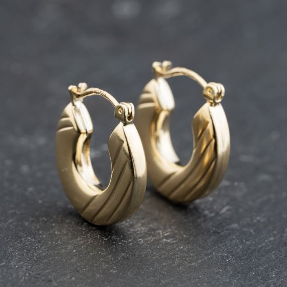 Second Hand 9ct Yellow Gold Half Engraved Hoop Earrings 41173748