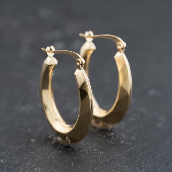 Second Hand 9ct Yellow Gold 26mm Faceted Oval Hoop Earrings 41173755