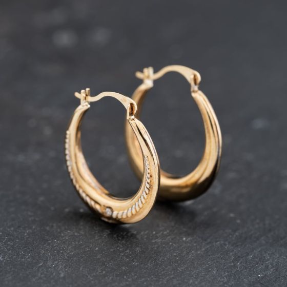 Second Hand 9ct Two Colour Gold 19.7mm Cubic Zirconia Patterned Creole Earrings 41173756