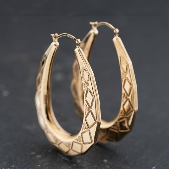 Second Hand 9ct Yellow Gold 41mm Patterned Creole Earrings 41173768