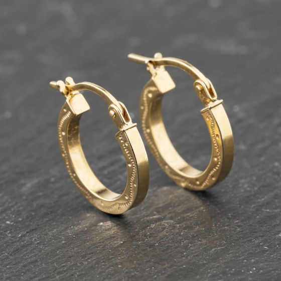 Second Hand 9ct Yellow Gold 14.8mm Patterned Hoop Earrings 41173814