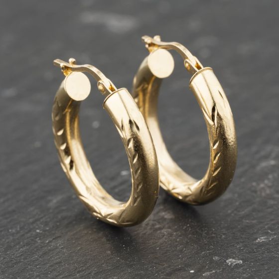 Second Hand 9ct Yellow Gold 22.7mm Patterned Creole Earrings 41173818