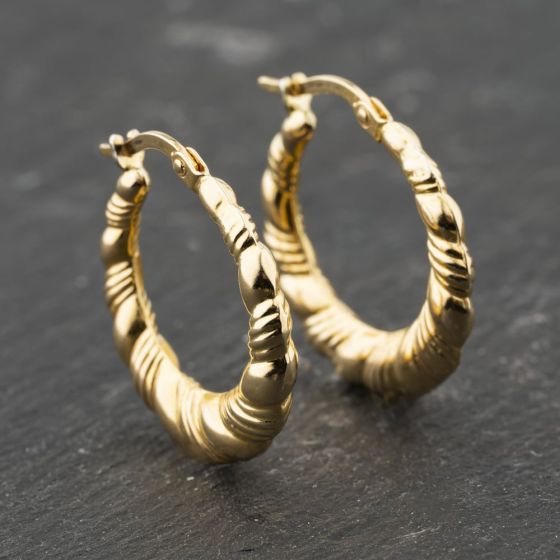 Second Hand 9ct Yellow Gold 23mm Patterned Creole Earrings 41173822