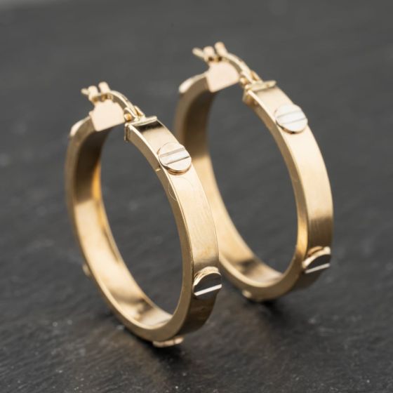 Second Hand 9ct Two Colour Gold 31mm Screw Head Hoop Earrings 41173846