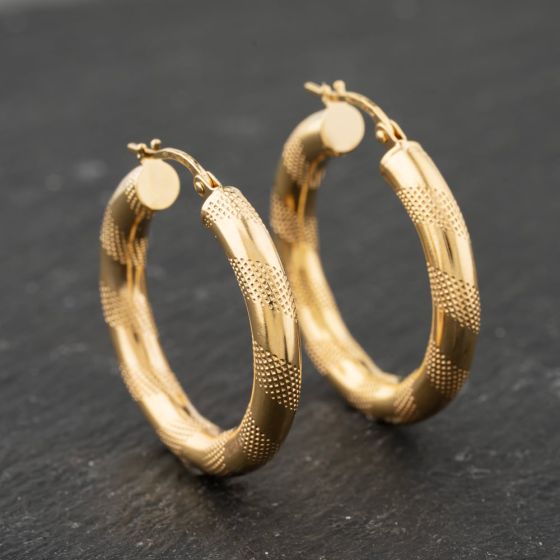 Second Hand 9ct Yellow Gold 28mm Patterned Hoop Earrings 41173848