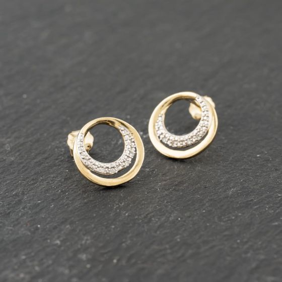 Second Hand 9ct Two Colour Gold 11mm 0.04ct Diamond Set Circle Stud Earrings 41173863