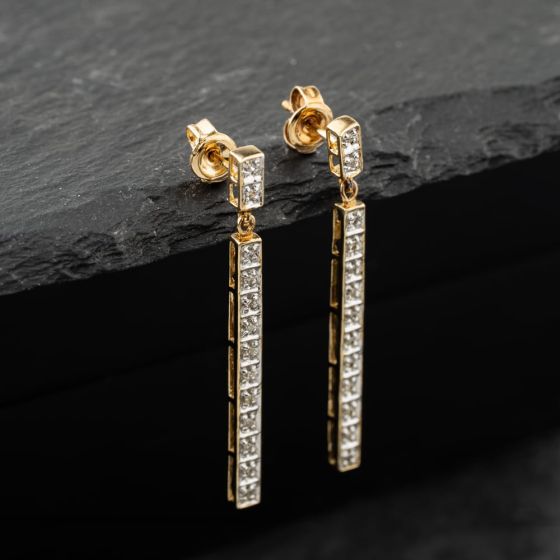 Second Hand 9ct Two Colour Gold 36mm 0.13ct Diamond Set Bar Dropper Earrings 41173868