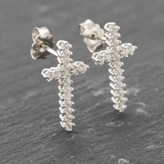 Second Hand 18ct White Gold 18.3mm Diamond Cross Stud Earrings 41173905