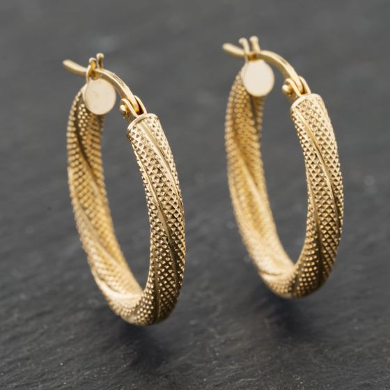 Second Hand Yellow Gold 20mm Oval Frosted Patten Creole Earrings 41173920