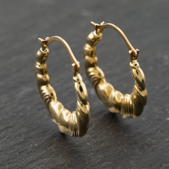Second Hand Yellow Gold 20mm Oval Heart Patterned Creole Earrings 41173935