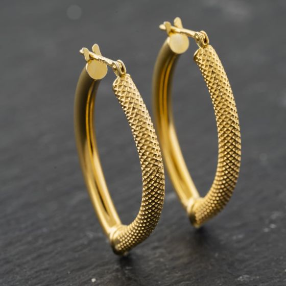 Second Hand 9ct Yellow Gold 28.4mm Mesh & Plain Pointed Creole Earrings 41173937