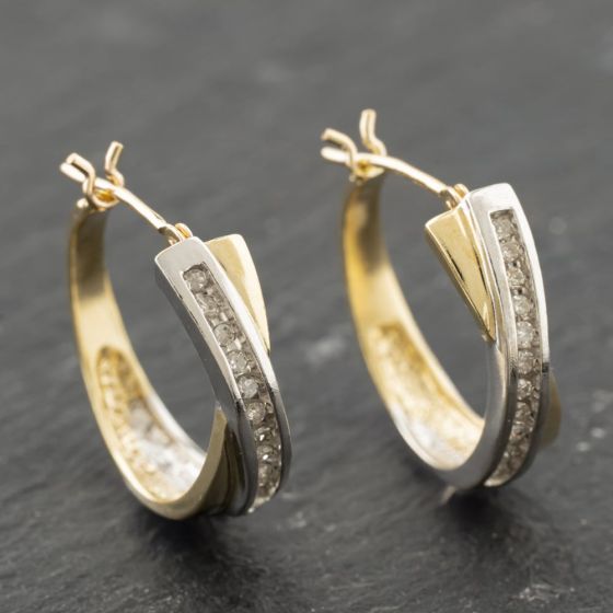 Second Hand 9ct Two Colour Gold 18mm 0.15ct Diamond Channel Set Crossover Hoop Earrings 41173974