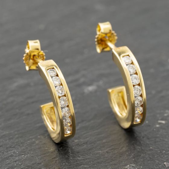 Second Hand 18ct Yellow Gold 14mm 0.33ct Diamond Channel Set Half Hoop Earrings 41173996