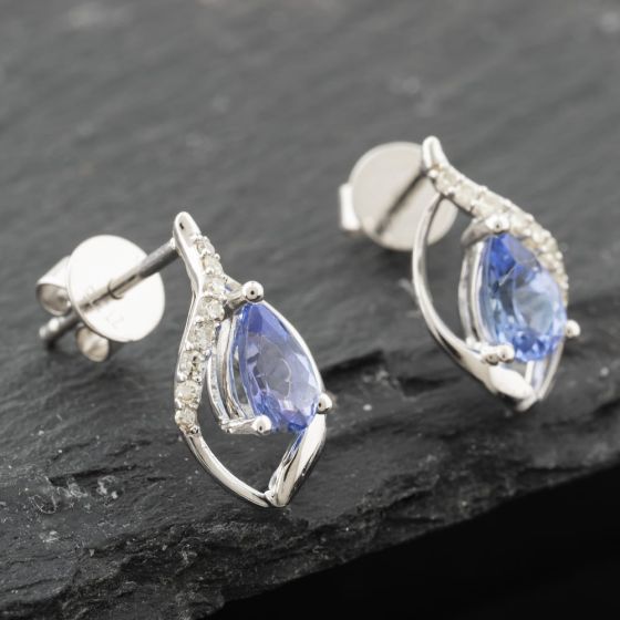 Second Hand White Gold Tanzanite & 0.09ct Diamond Pear Shaped 14mm Stud Earrings 41174002