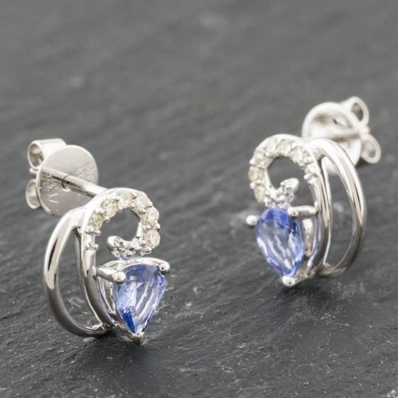 Second Hand White Gold Tanzanite & 0.09ct Diamond Swirl 10mm Stud Earrings 41174003