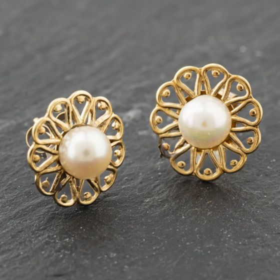 Second Hand Yellow Gold 11mm Cultured Pearl Openwork Stud Earrings 41174005