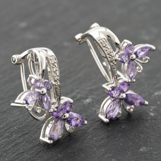 Second Hand 14ct White Gold Amethyst & 0.04ct Diamond Butterfly 21mm Stud Earrings 41174006