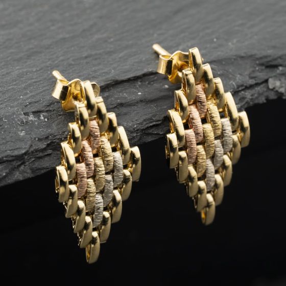 Second Hand 9ct Three Colour Gold 25mm Brick Link Dropper Earrings 41174010