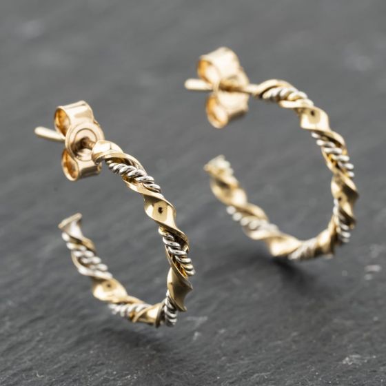 Second Hand 9ct Two Colour Gold 17mm Twist Half Hoop Earrings 41174011