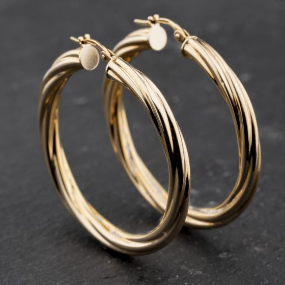 Second Hand 9ct Yellow Gold 27mm Twist Hoop Earrings 41174014