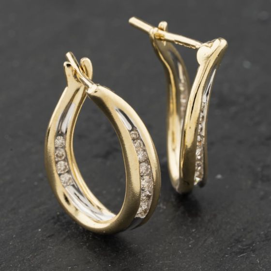 Second Hand 9ct Two Colour Gold 18mm 0.25ct Diamond Set Hoop Earrings 41174041