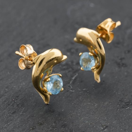 Second Hand 9ct Yellow Gold 10.7mm Blue Topaz Dolphin Stud Earrings 41174043