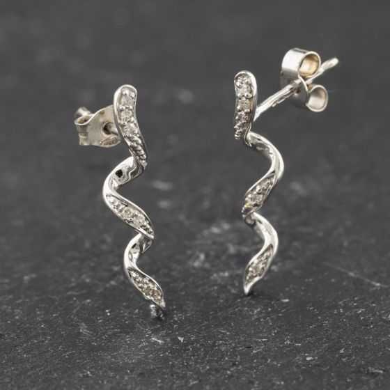 Second Hand 9ct White Gold 19.8mm Diamond Wave Dropper Earrings 41174048