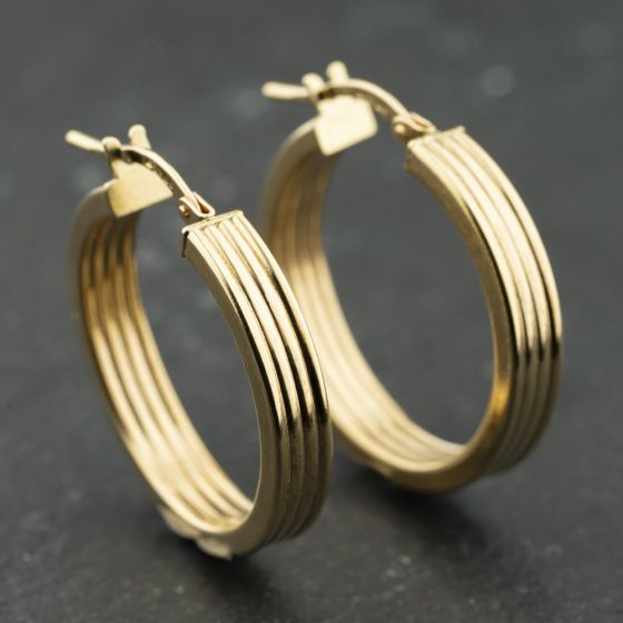 Second Hand 9ct Yellow Gold 24.3mm Lined Design Hoop Earrings 41174126