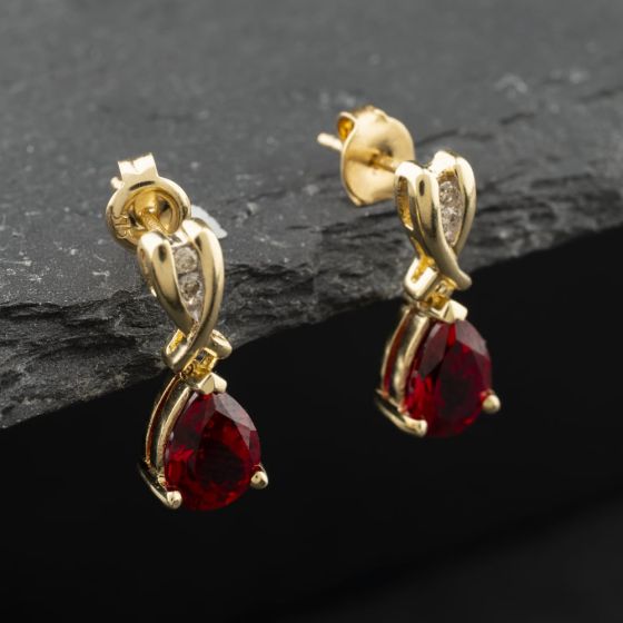 Second Hand 9ct Yellow Gold Diamond & Sythetic Ruby Teardrop Dropper Earrings 41174186