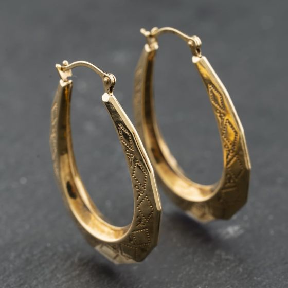 Second Hand Yellow Gold 28mm Patterned Oval Creole Earrings 41174234