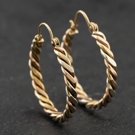 Second Hand 9ct Three Colour Gold 27mm Twisted Hoop Earrings 41174271