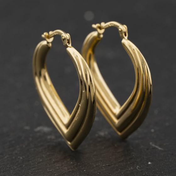 Second Hand 14ct Yellow Gold Ridged Heart Shape 30.2mm Creole Earrings 41174277