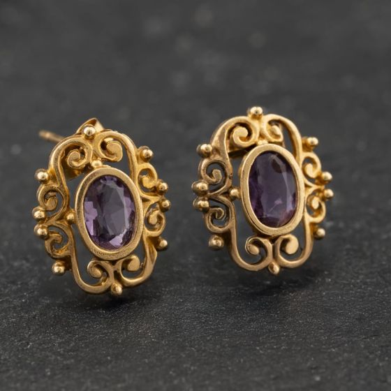Second Hand 9ct Yellow Gold 12mm Amethyst Oval Stud Earrings 41174284