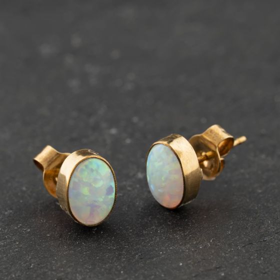 Second Hand 9ct Yellow Gold 8mm Opal Oval Stud Earrings 41174285