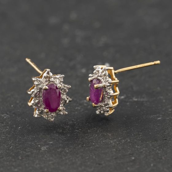 Second Hand 9ct Two Colour Gold Ruby & Diamond Oval Cluster 9mm Stud Earrings 41174294