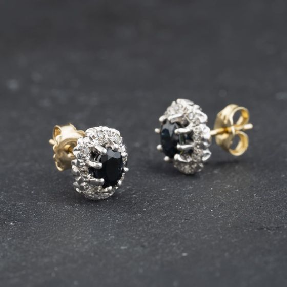 Second Hand Vintage Two Colour Gold Sapphire & Diamond Halo Cluster 10mm Stud Earrings 41174322